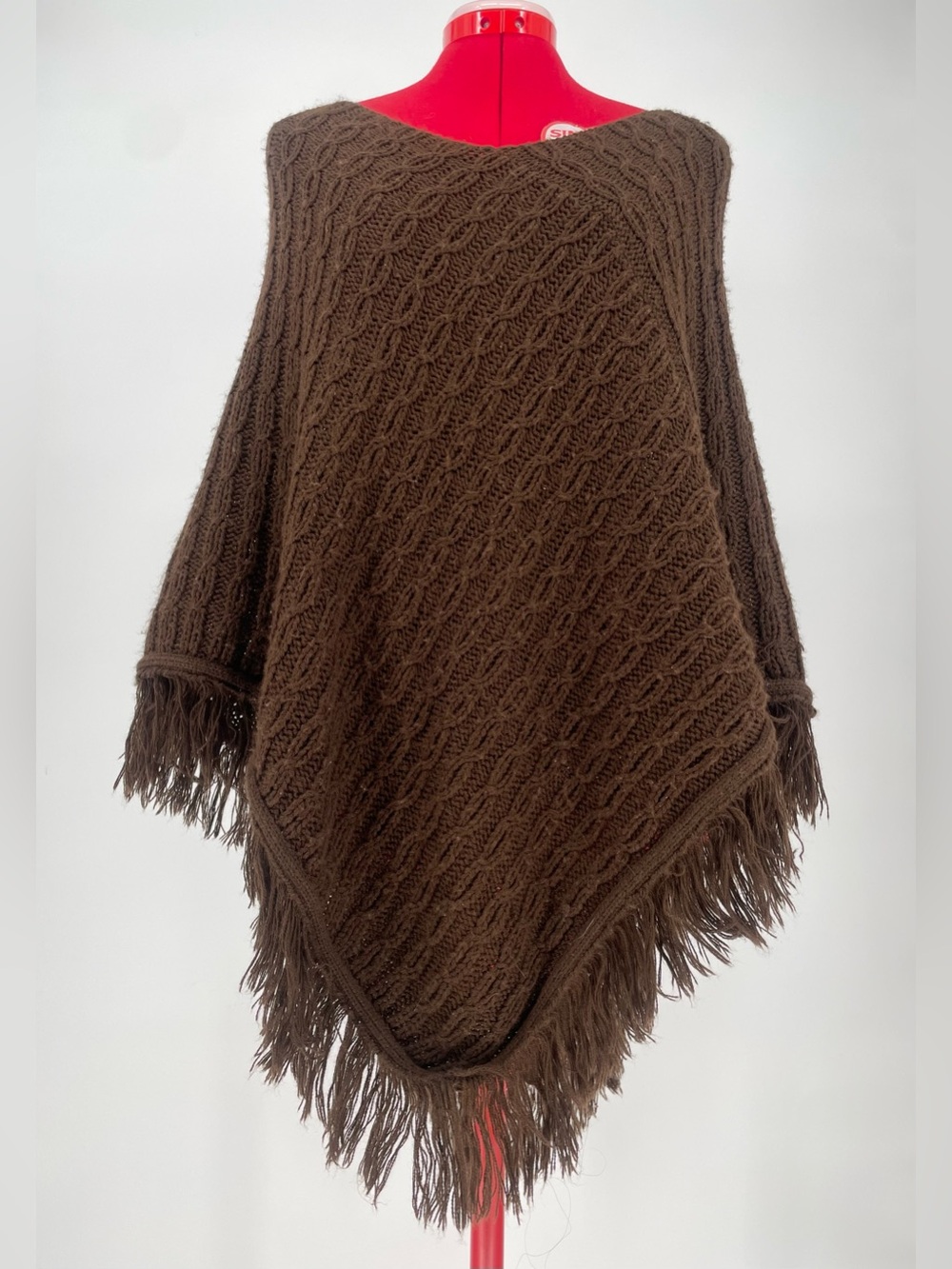 Brown Chunky Cable Knit Poncho Sweater Shawl Yarn Fringe Trim Boho Festival Y2K